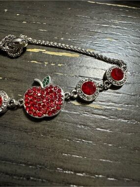 Source Unknown Silver-Tone Apple Charm Bracelet with Red and Green Crystals